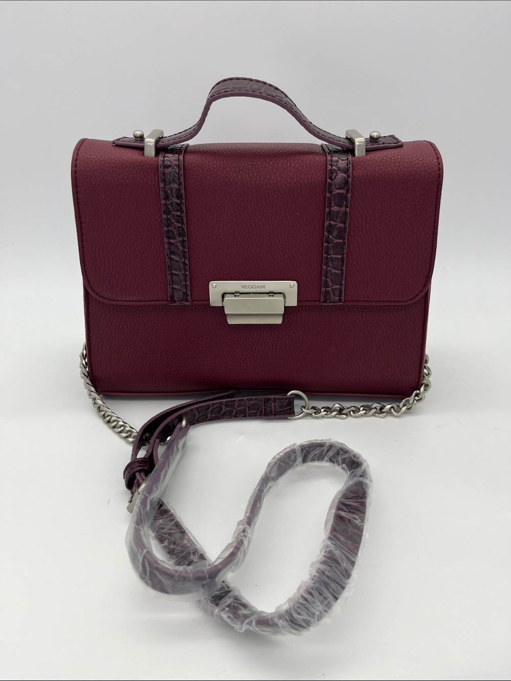 VEGGANI Burgundy Leather Top-Handle Crossbody Bag